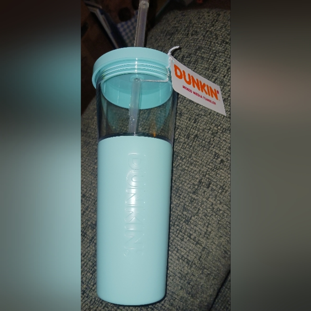 Brand NEW, unused Dunkin' Donuts Mint Blue Reusable Tumbler Cup with Straw